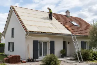 Chantier de rénovation montrant des panneaux isolants posés au-dessus de la charpente d’une toiture partiellement découverte.